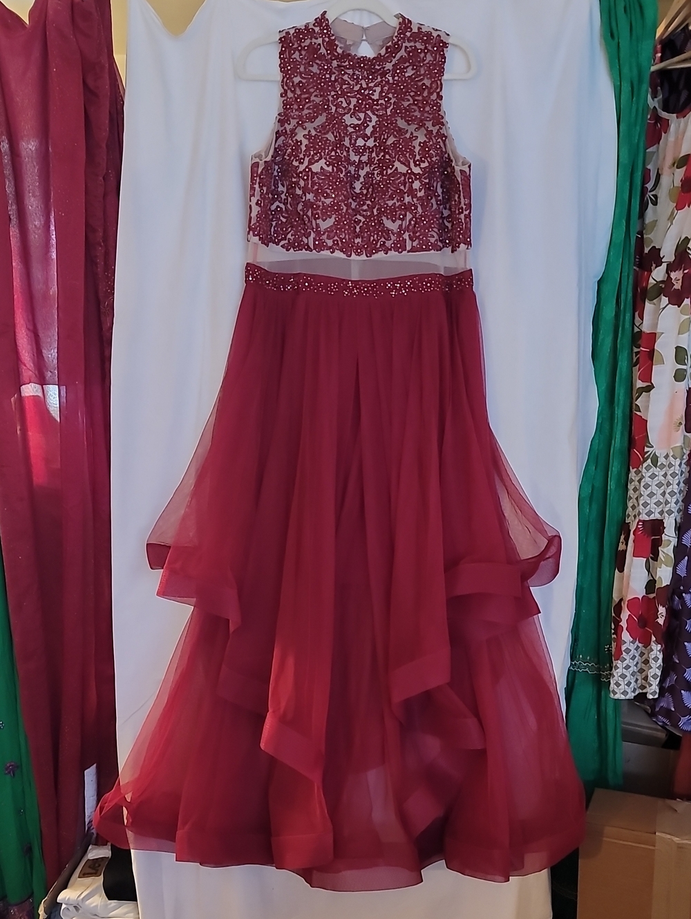 City Triangles Burgundy Red Beaded Bodice Formal Dress